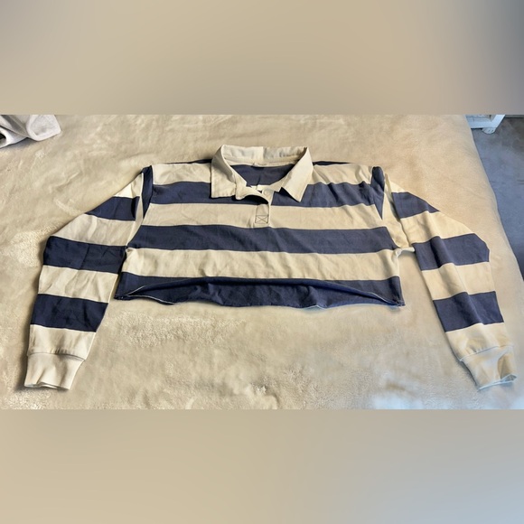Cotton On blue and white striped cropped polo top Size Large - Picture 5 of 10